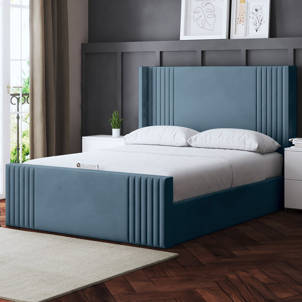 DS Living Elara Super King Blue Winged Panel Bed Frame with Headboard Image 1