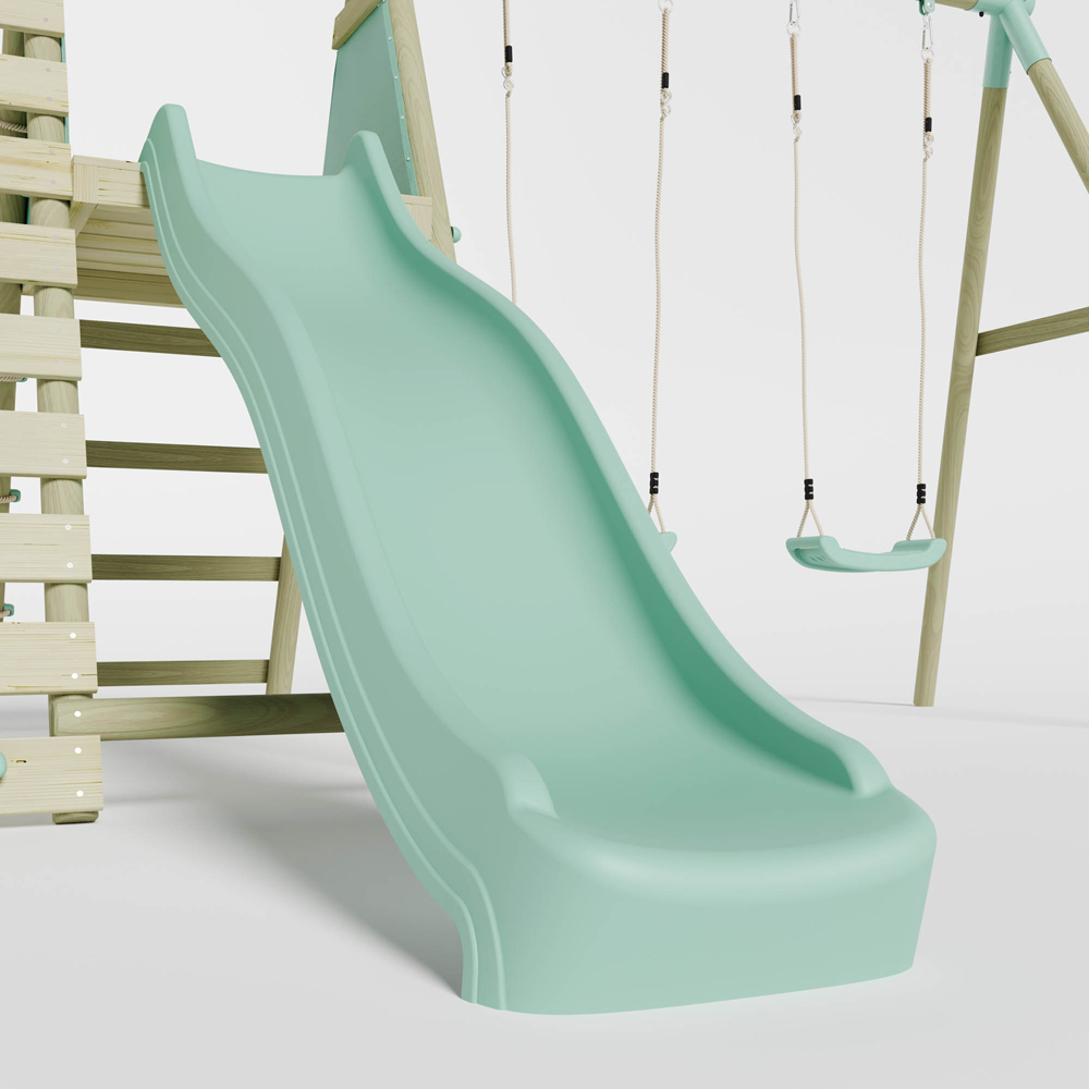 Mercia Wooden Round Pole Double Swing Set with Climbing Wall and Slide Image 7