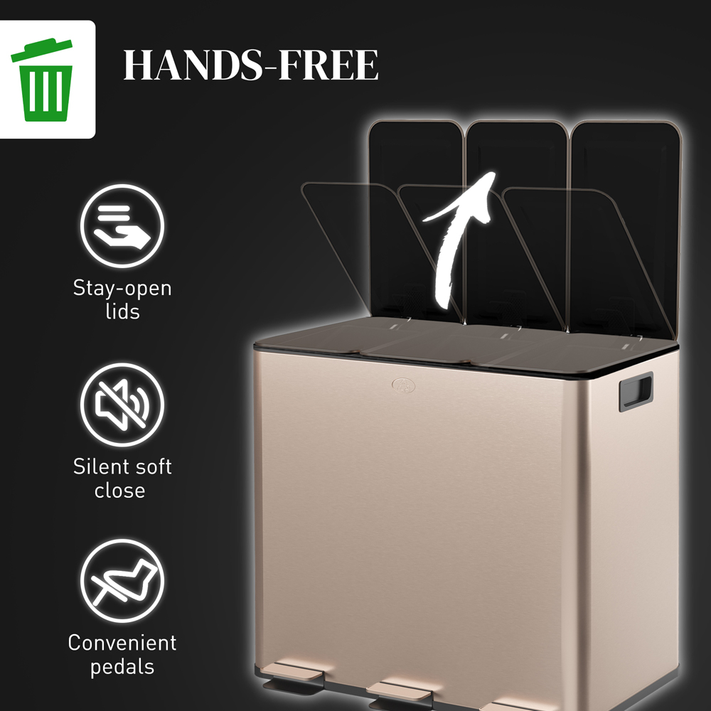 HOMCOM Gold Tone Triple Kitchen Bin Pedal Bin 45L Image 6