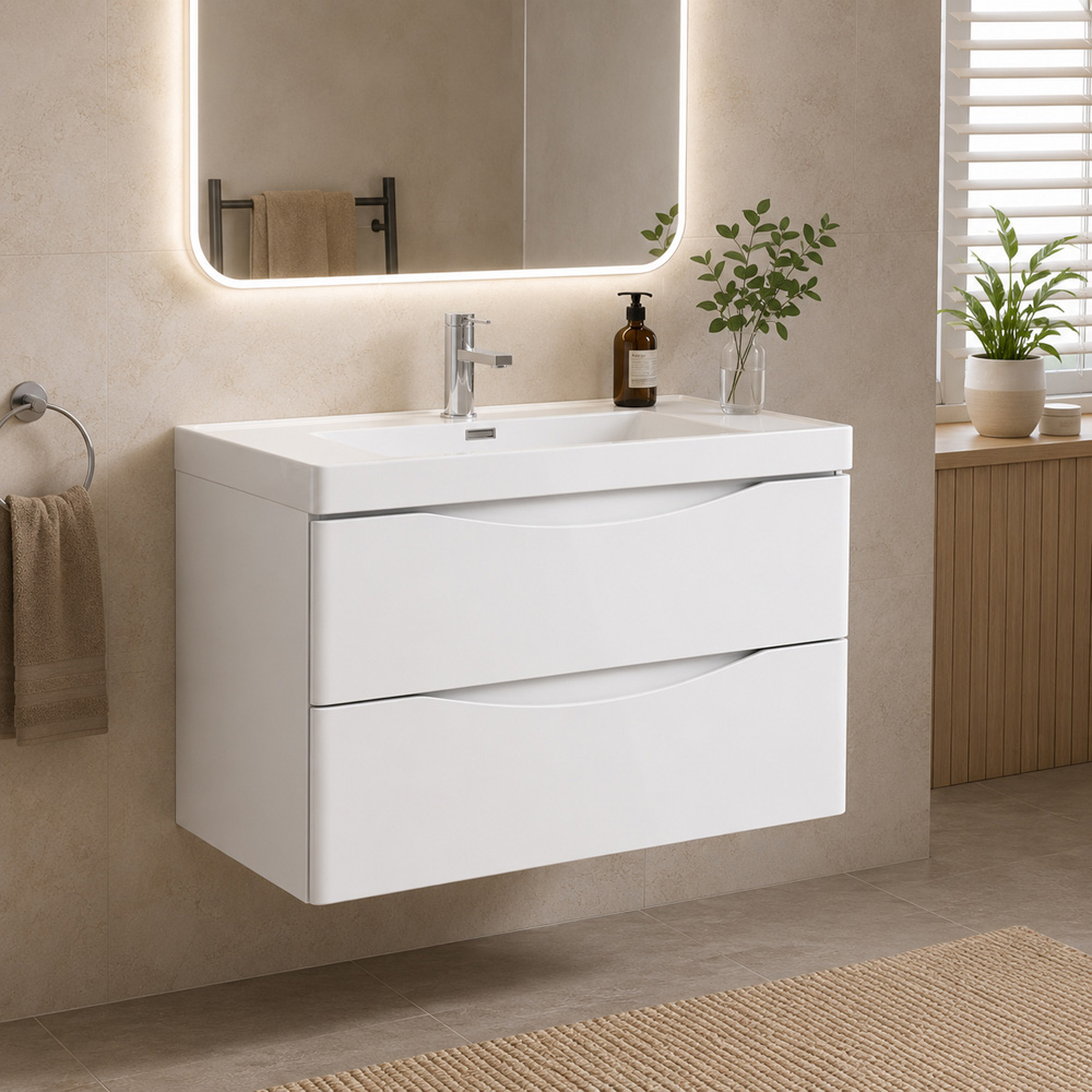Go Bathrooms Erin 2 Drawer White Gloss Wall Hung Vanity Unit with Resin Basin 900mm Image 3