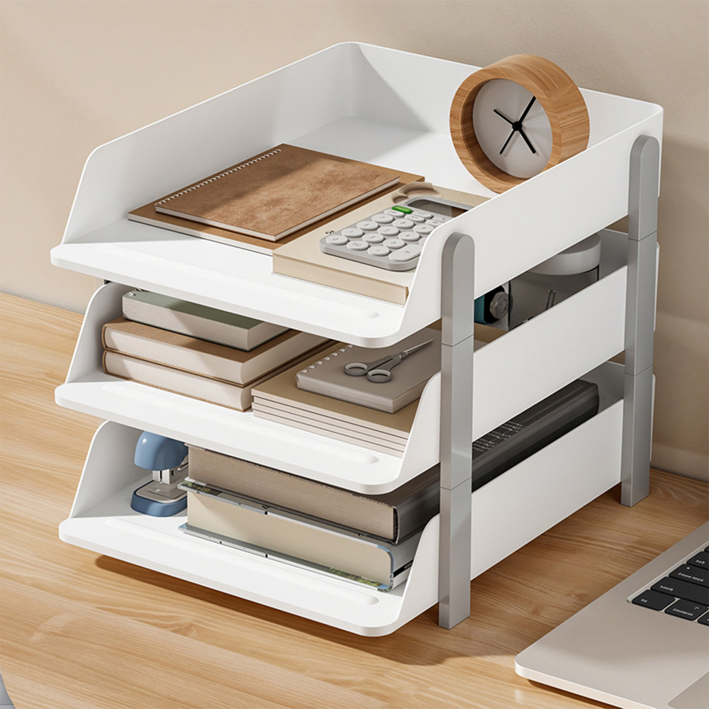 Living and Home 3-Tier White and Grey Tabletop File Organiser Rack Image 2