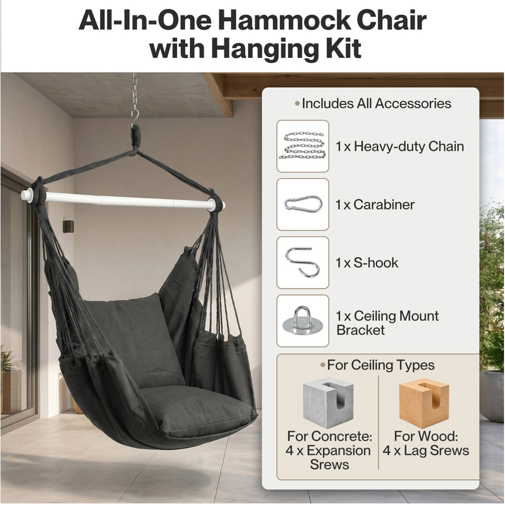 Mountview Grey Hanging Rope Swing Seat Indoor and Outdoor Hammock Chair with Cushions Image 6