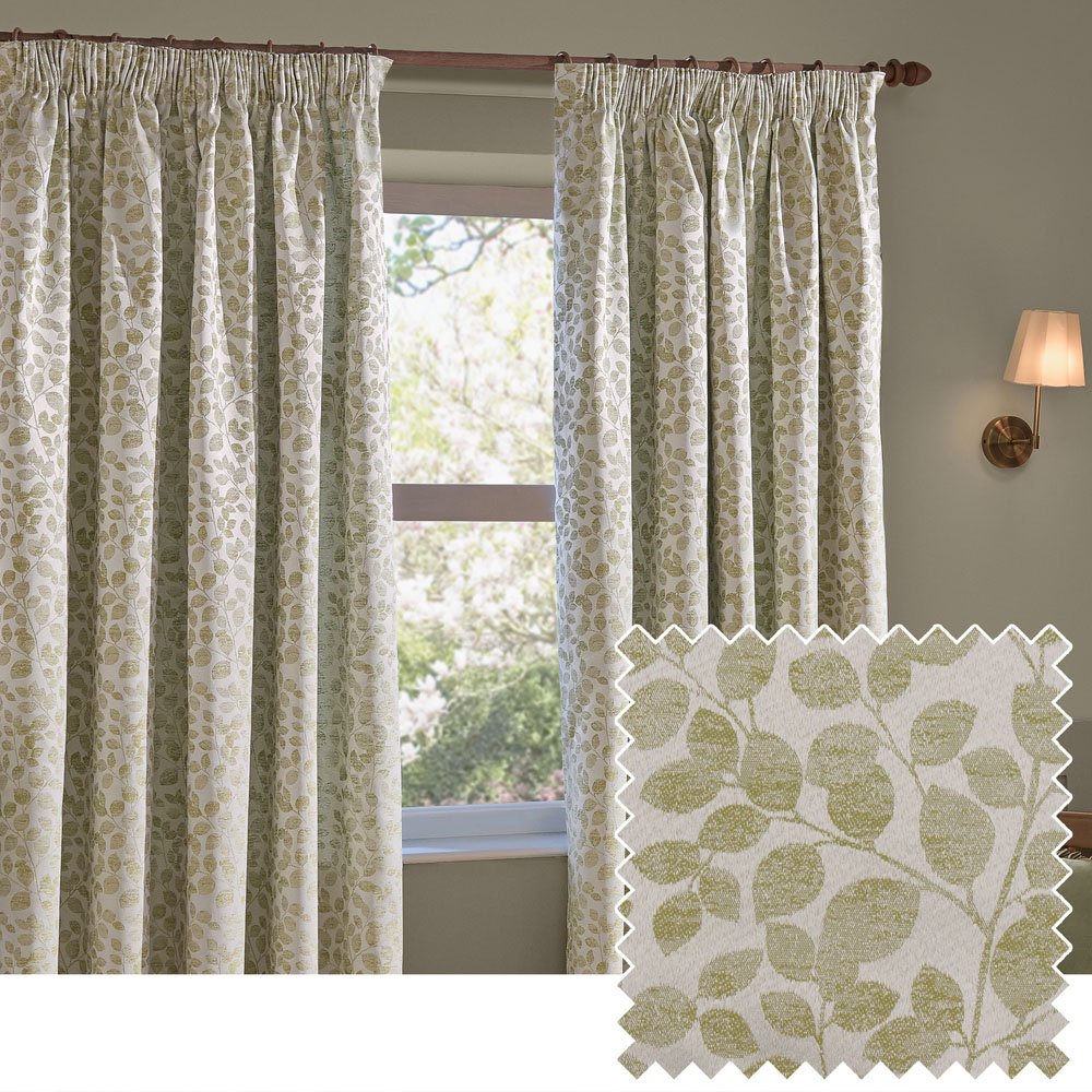 Wylder Grace Leaf Sage Jacquard Fully Lined Pencil Pleat Curtains 168 x 229cm Image 2