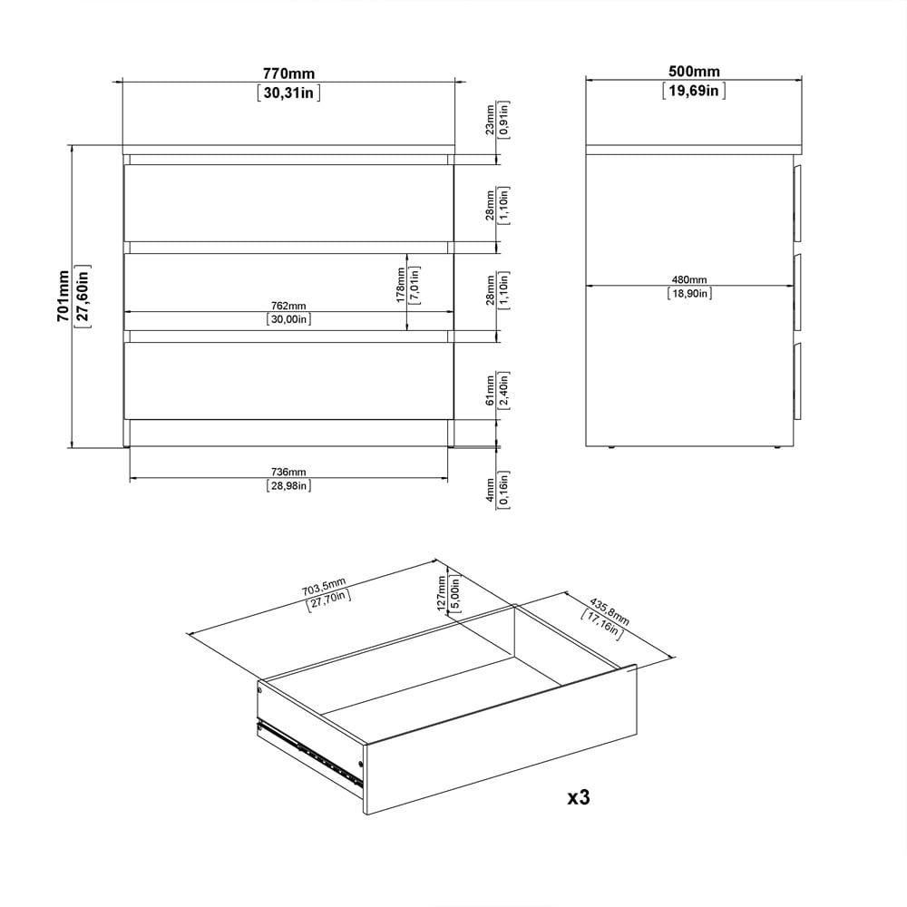 Florence 3 Drawer Matt Black Chest of Drawers Image 9
