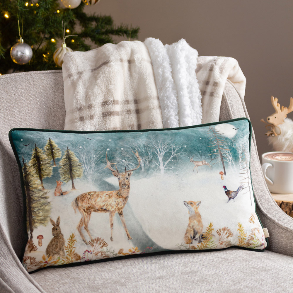 Evans Lichfield Multicolour Stag Winter Velvet Piped Reversible Cushion 30 x 50cm Image 2