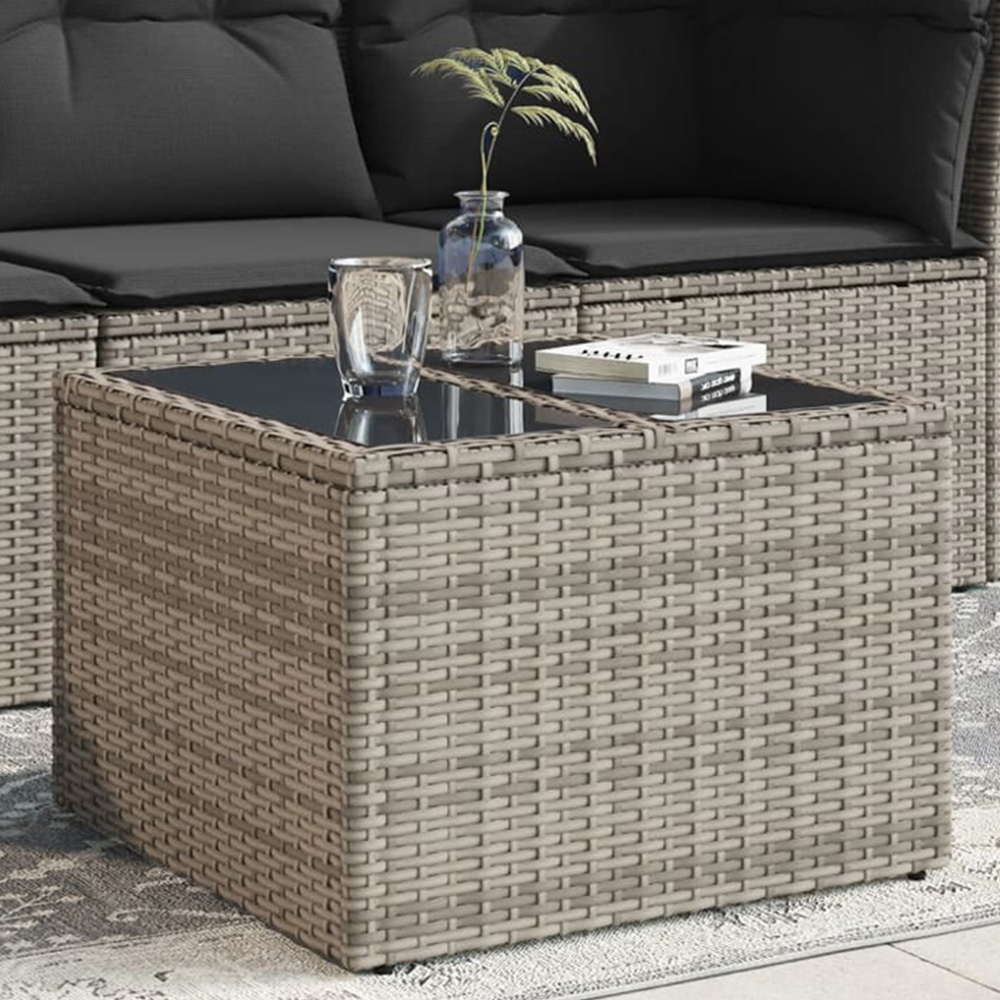 Walplus Grey Poly Rattan Glass Top Garden Coffee Table Image 1