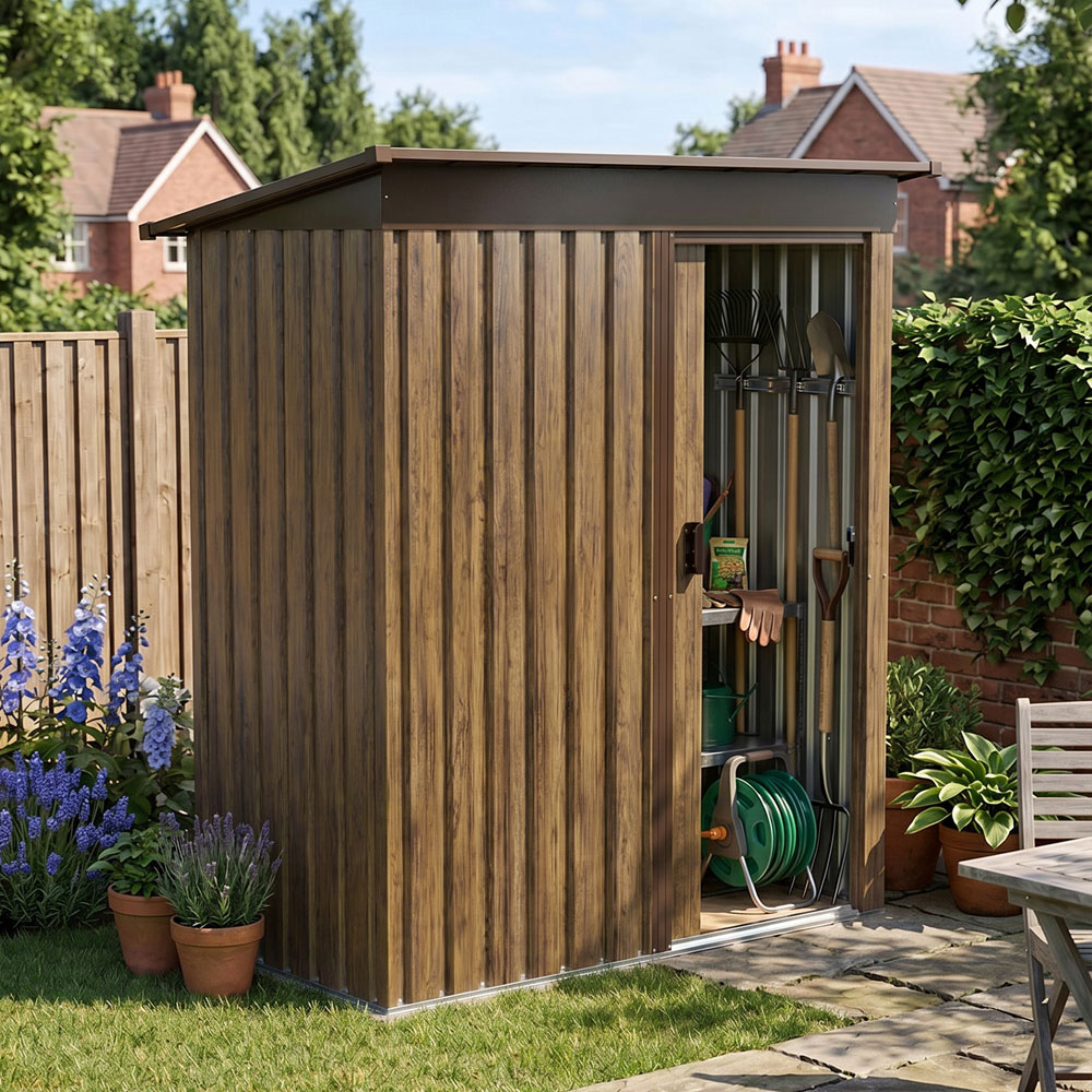 Living and Home 3 x 5ft Brown Wood Grain Metal Pent Garden Storage Shed Image 7
