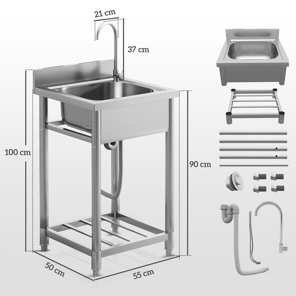 HOMCOM Silver Tone Stainless Steel Utility Sink with Cold and Hot Water Pipe Image 7