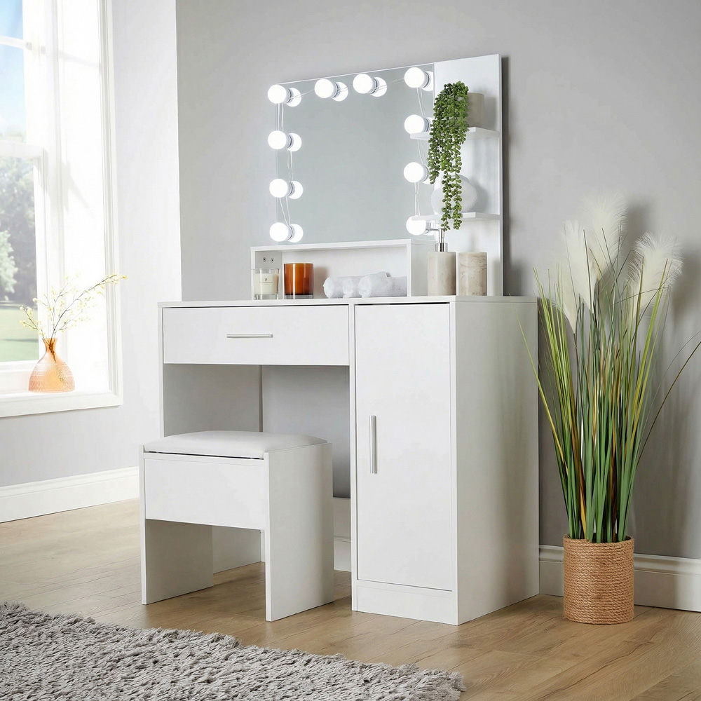 Home Source Sophie Single Door Single Drawer White Hollywood Dressing Table Set with LED Mirror Image 3