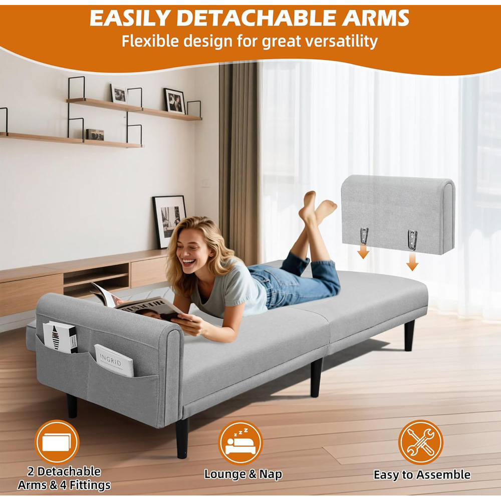 Alivio 2-in-1 Single Grey Adjustable Convertible Sofa Bed with Side Pockets Image 6