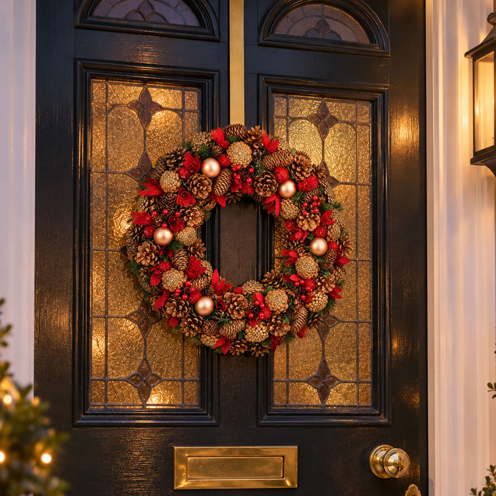 Neo Gold and Red Artificial Christmas Wreath with Berries and Pine Cones 50cm Image 2