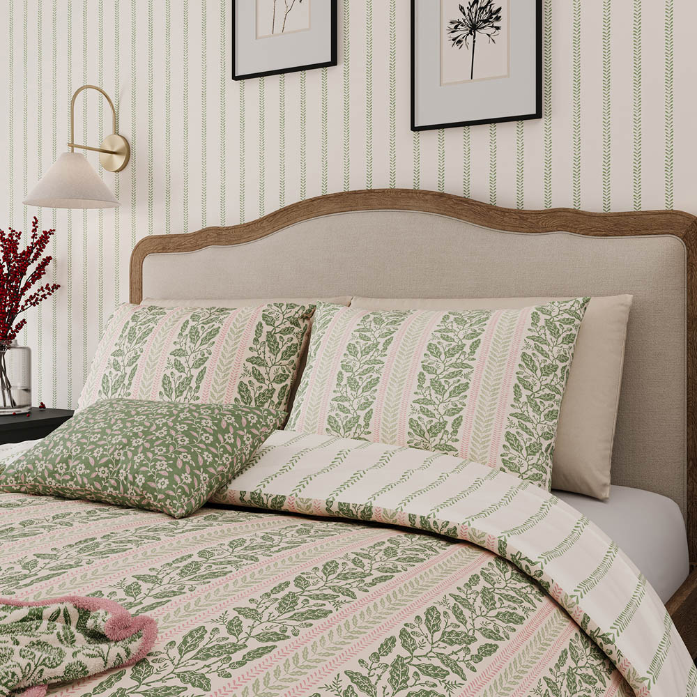 Helena Springfield Super King Size Green and Pink Oak Stripe Duvet Set Image 3