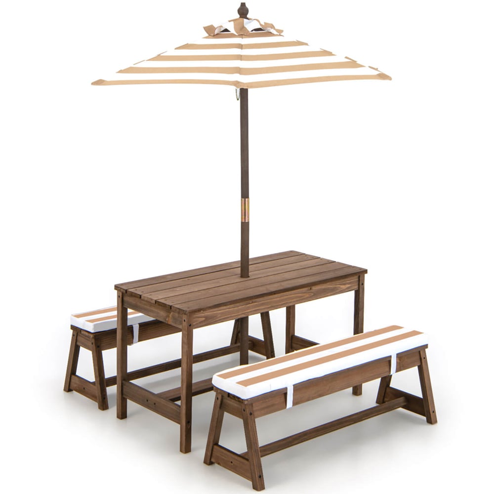 Costway Brown Kids Picnic Table and Bench Set with Umbrella Image 2