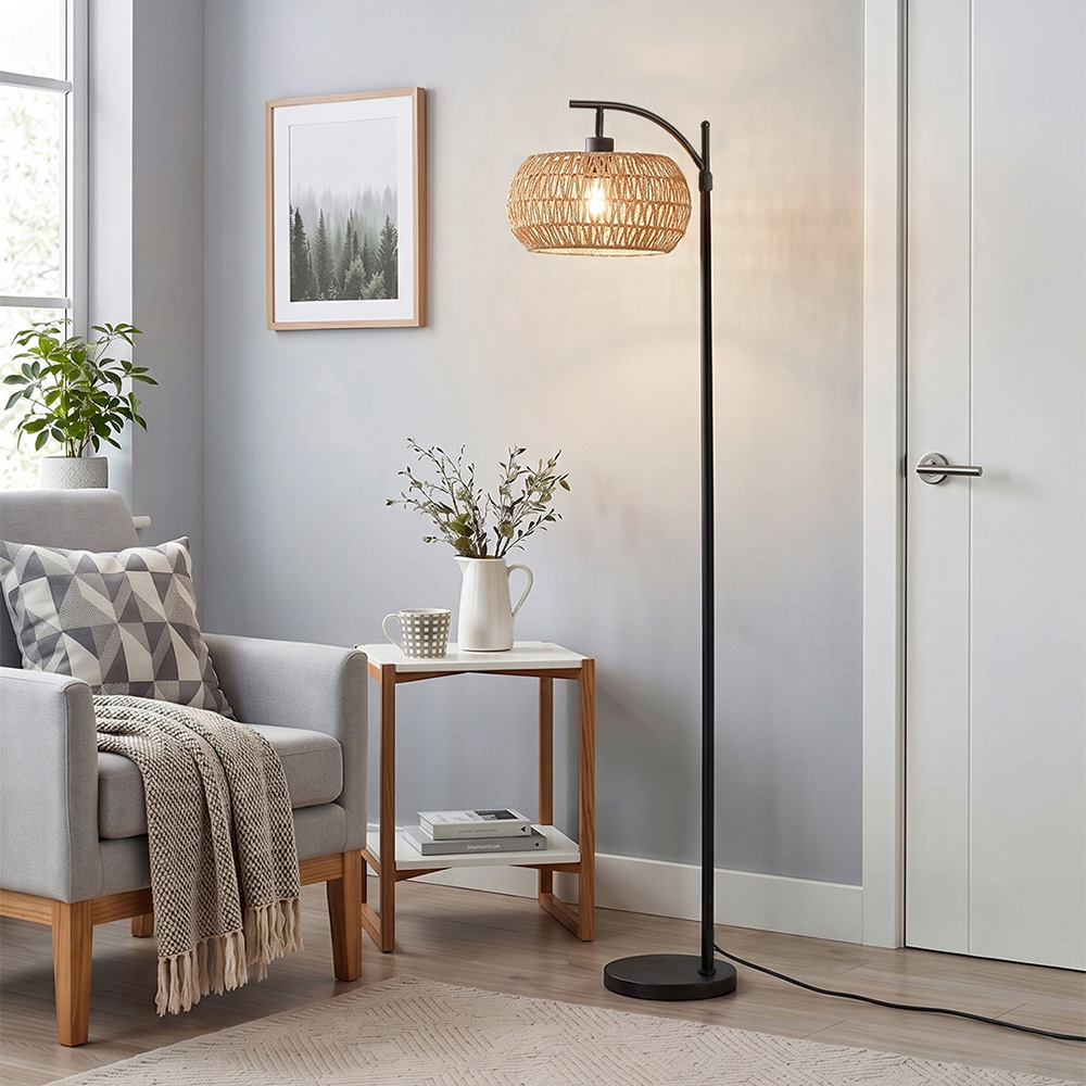 Living and Home Black and Natural Rattan Fabric Shade E27 Floor Lamp Image 7