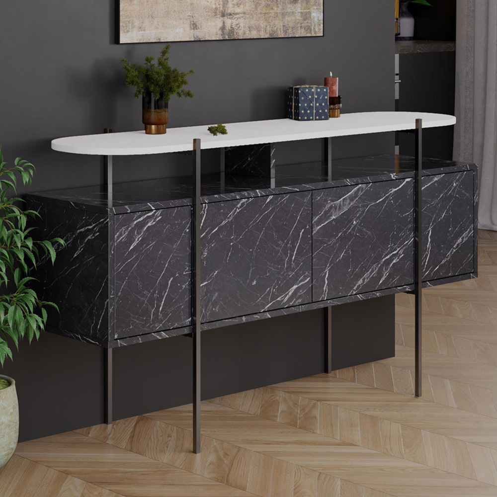 Decortie Hanley 4 Door Gloss Black and White Marble Effect Sideboard Image 1