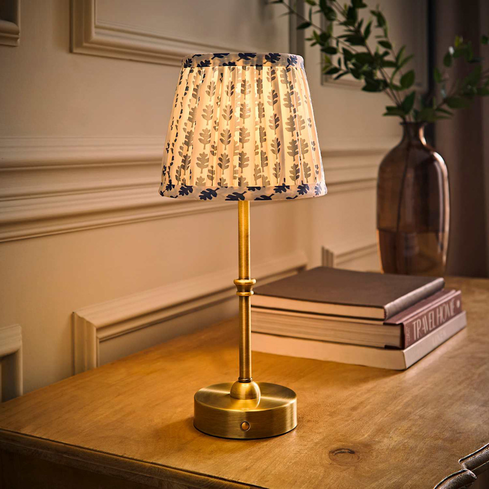 ValueLights Lowe Blue Ditsy Floral Pleated Shade Gold Rechargeable Table Lamp with Bulb Image 2