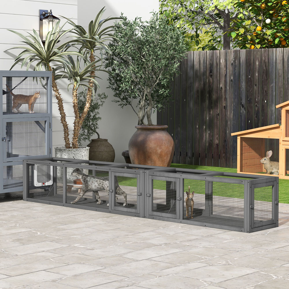 PawHut 250cm Extra Long 8 Door Wooden Cat Tunnel Image 2