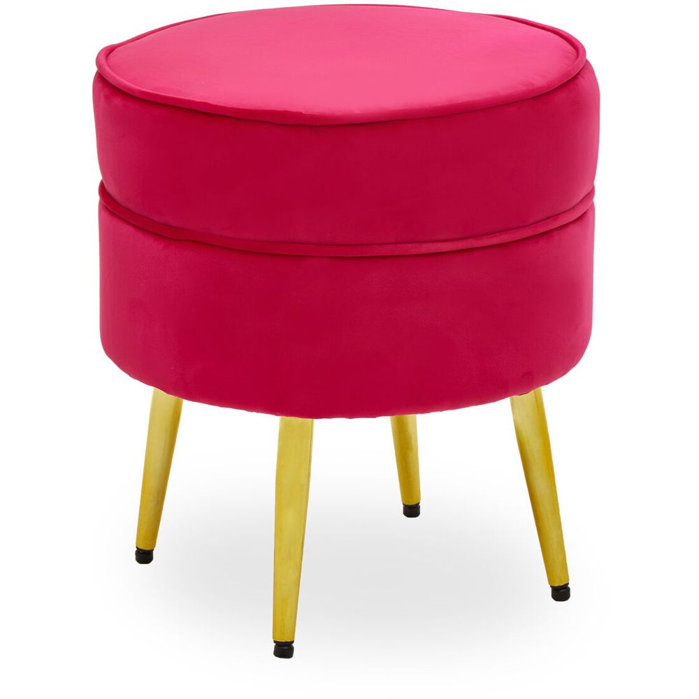Premier Housewares Tamra Round Bright Pink Velvet Gold Leg Footstool Image 2