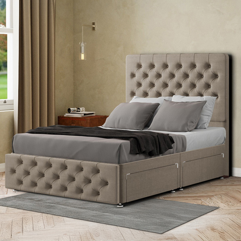 Portland Mary Chesterfield Single Beige Linen Divan Bed with 2 Drawer and Headboard Image 1
