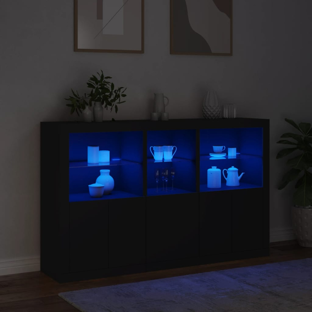 vidaXL 5 Door 6 Shelf Black Wooden Sideboard with LED Lights Image 8