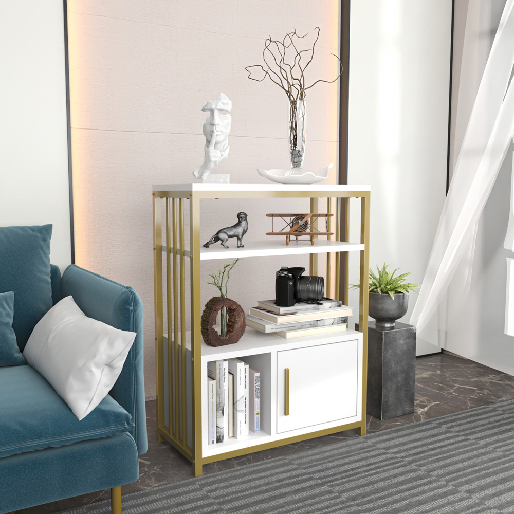 Decorotika Letos Single Door 3 Shelf White and Gold Bookshelf Image 6