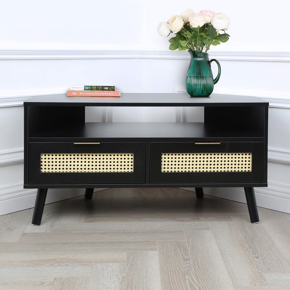 Craven 2 Drawer Single Shelf Black Corner TV Unit with Cane Front Image 5