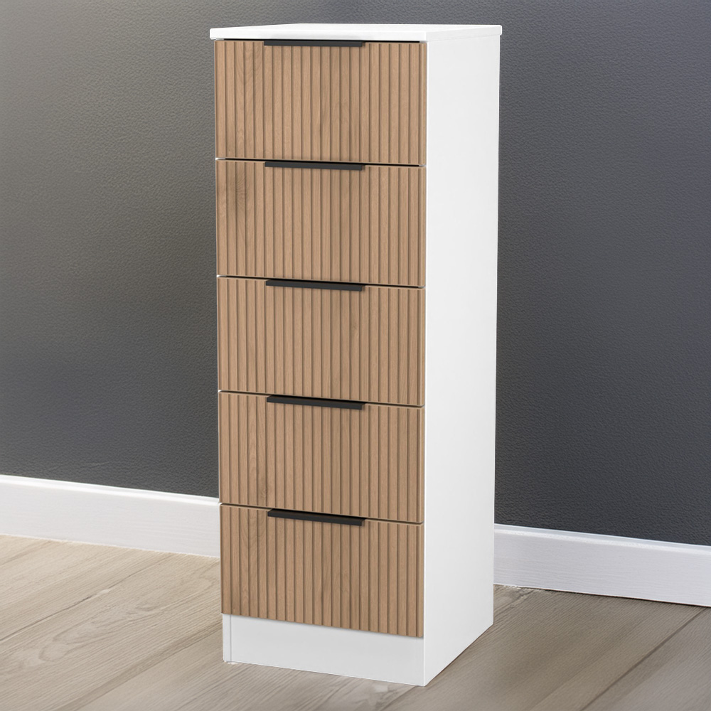 Crowndale Java 5 Drawer Slatt Effect and White Tall Bedside Cabinet Image 1