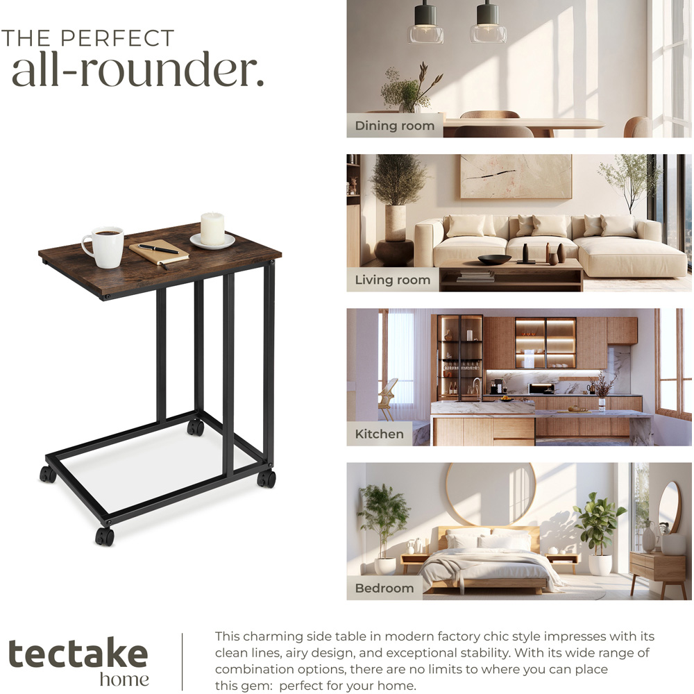Tectake Luton C-Shape Rustic Dark Wood Bedside Table with Swivel Castors Image 7