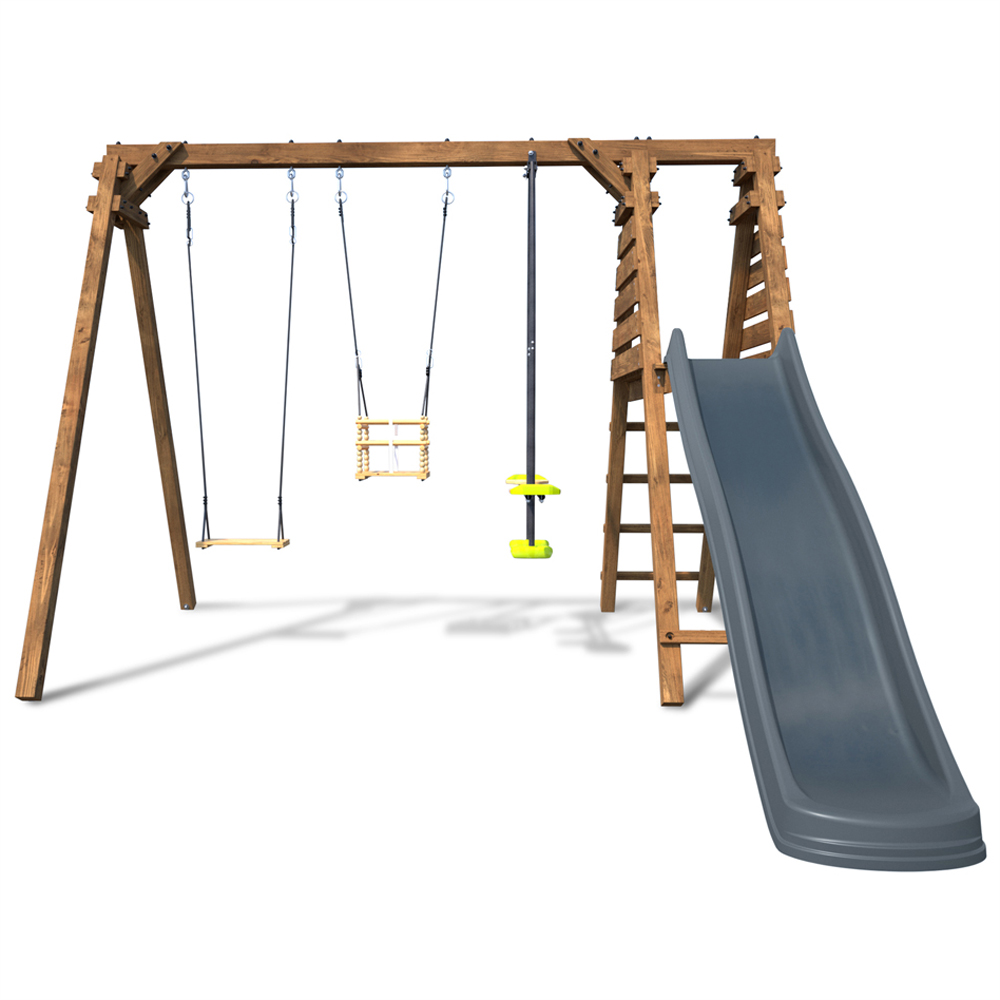 Soulet Trefle Kids Wooden Triple Swing Set with Slide Image 3