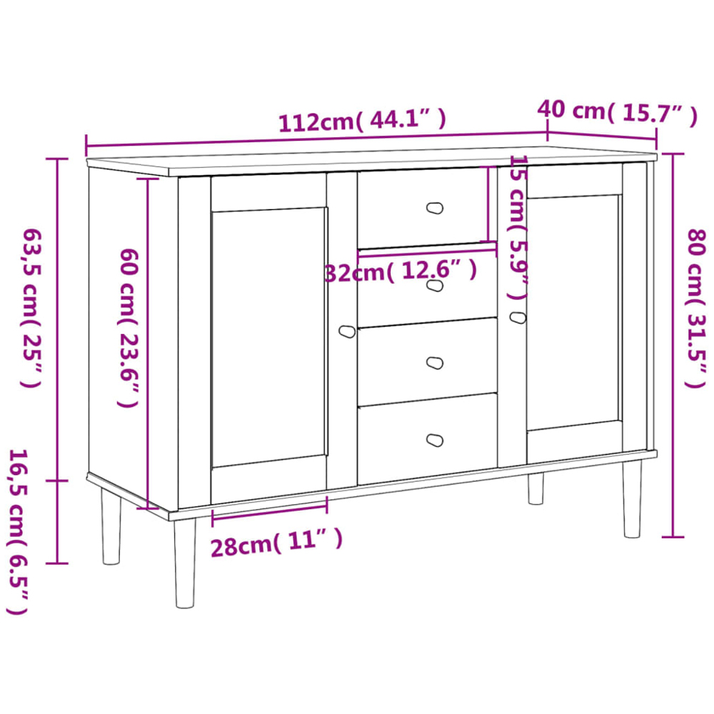 vidaXL Senja 2 Door 4 Drawer Solid Pine Wood White Rattan Sideboard Image 9