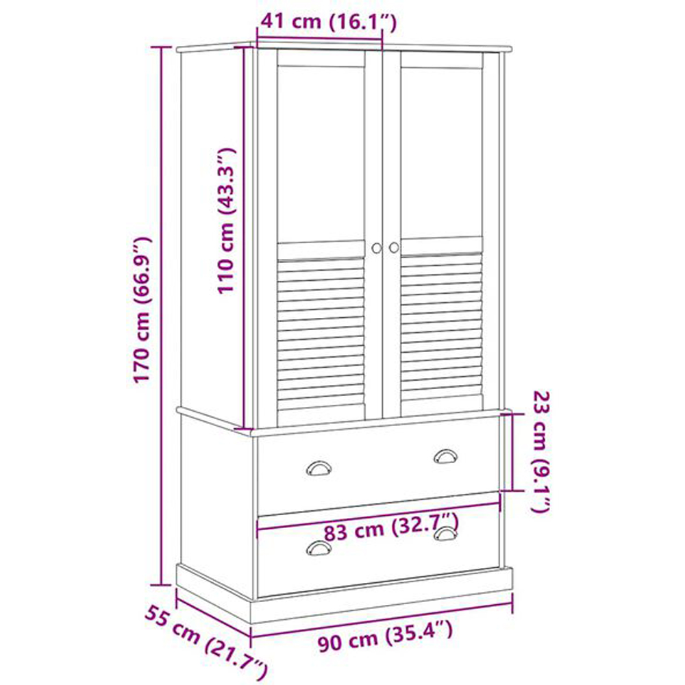vidaXL Vigo 2 Door 2 Drawer White Solid Pine Wood Wardrobe Image 6