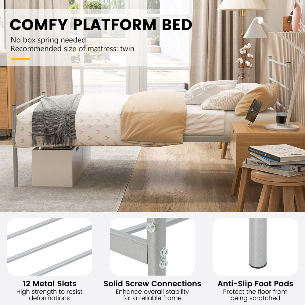 Costway Single Silver Metal Bed Frame Image 8