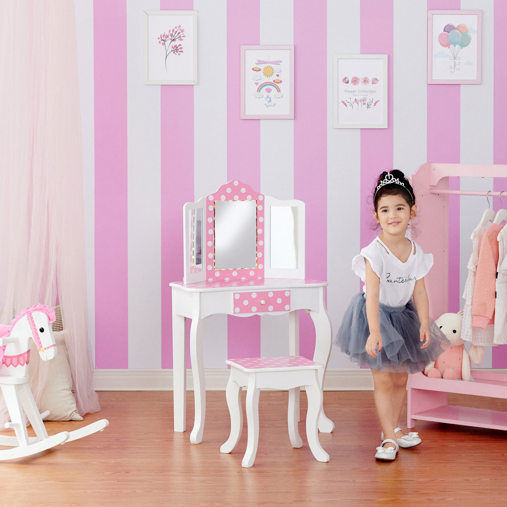 Teamson Kids Gisele Play Single Drawer Pink and White Polka Dot Prints LED Mirror Vanity Set Image 7