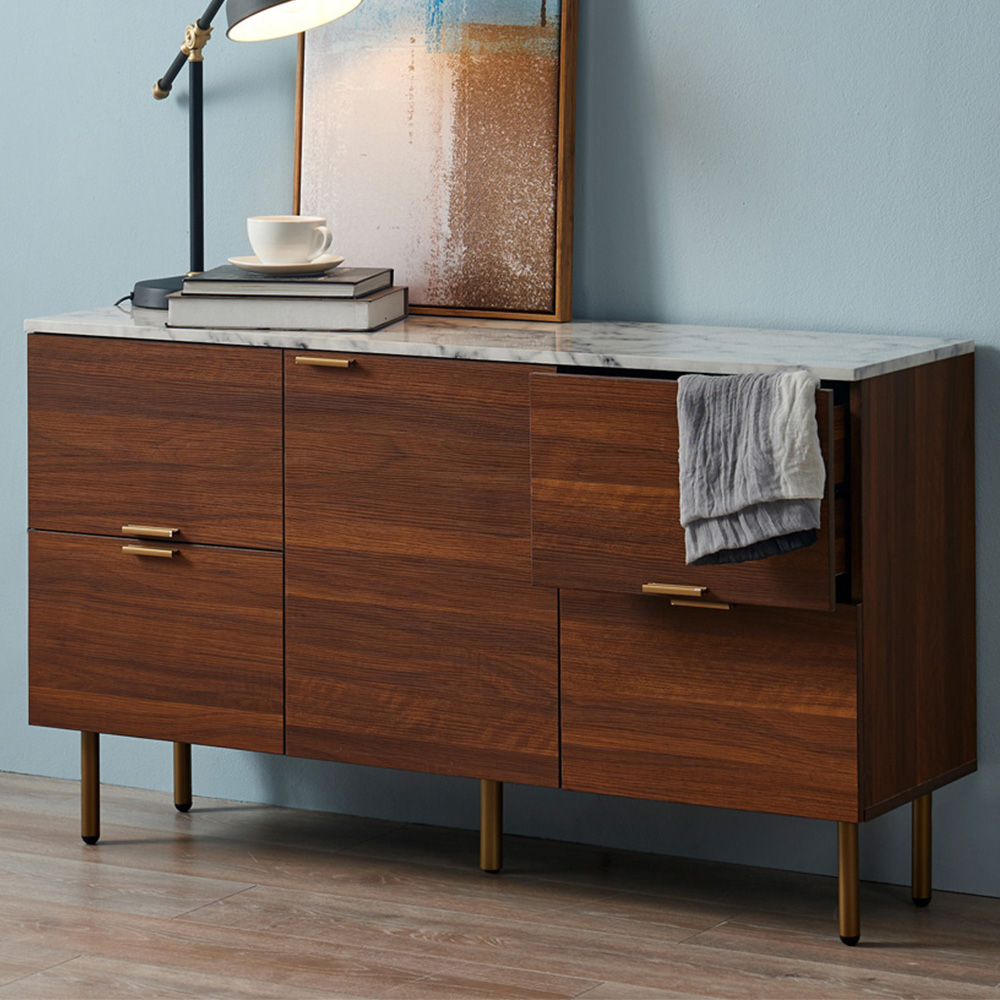Teamson Home Ashton Single Door 4 Drawer Walnut Wooden Sideboard with Marble-Look Top Image 1