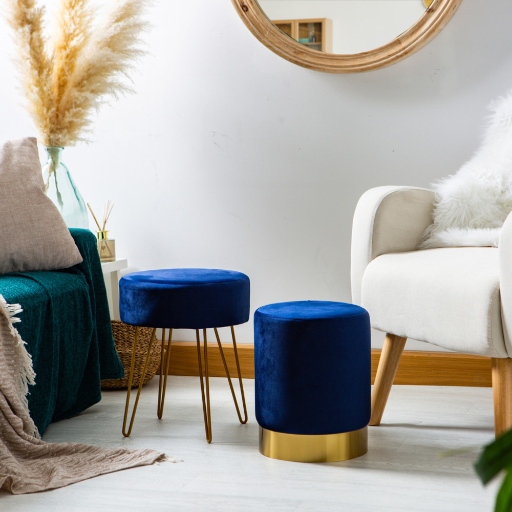 Harbour Housewares Blue Velvet Round Pouffe Image 5
