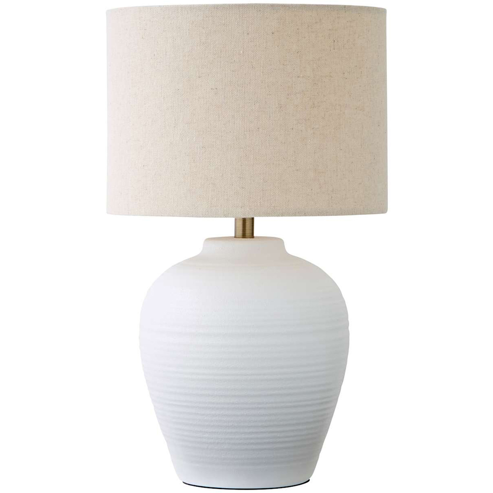 ValueLights Reid Linen Drum Shade White Ribbed Ceramic Small Table Lamp with Bulb Image 1