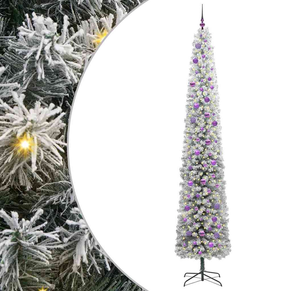 vidaXL 300 LED Pre-Lit Lilac Baubles Green Artificial Snow Flocked Christmas Tree 9ft Image 2