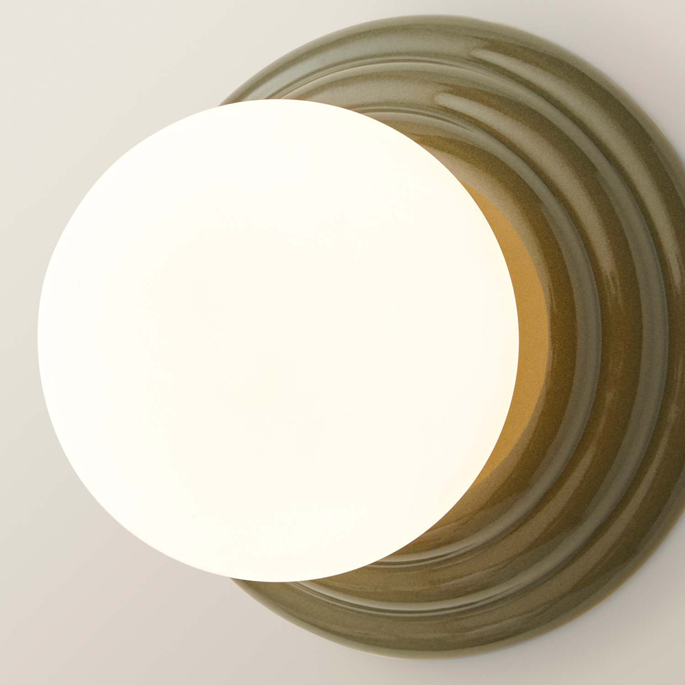 ValueLights Rue Frosted Glass Shade Olive Ribbed Ceramic Base Flush Wall Light with Bulb 2 Pack Image 4