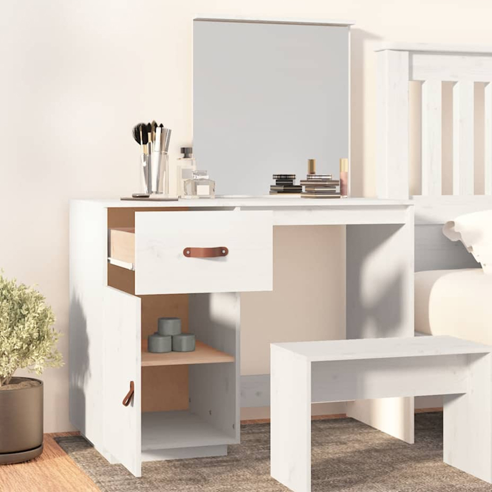 vidaXL Single Door Single Drawer White Solid Wood Pine Dressing Table with Mirror Image 1