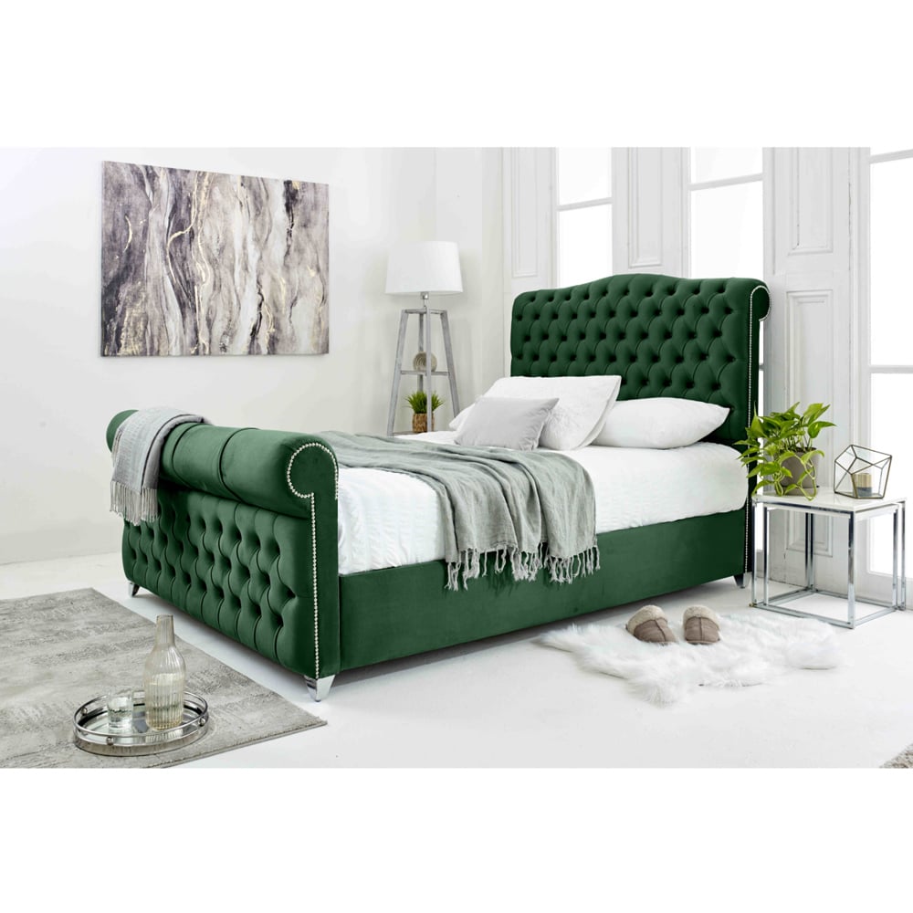 Eleganza Maynard Super King Size Green Plush Velvet Bed Frame with Matching Buttons Image 3