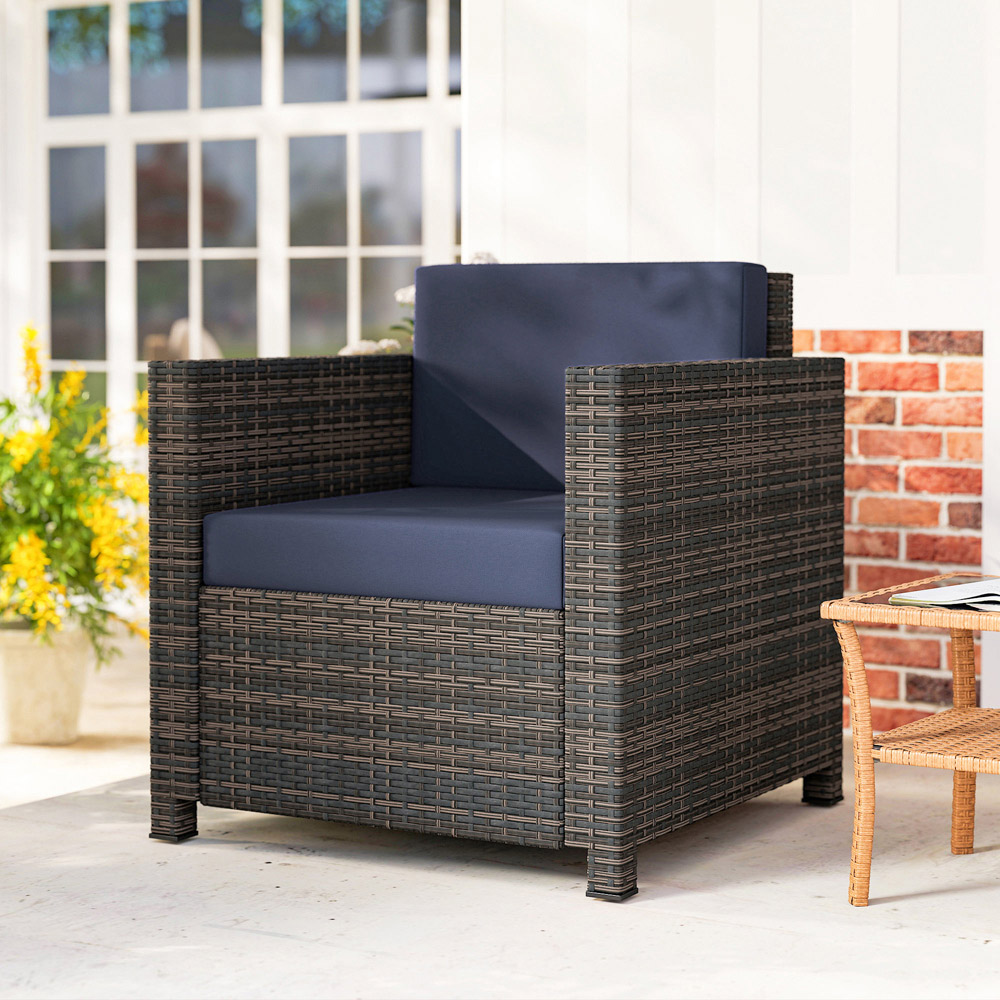 Outsunny Rattan Brown and Blue Cushioned Garden Armchair Image 4