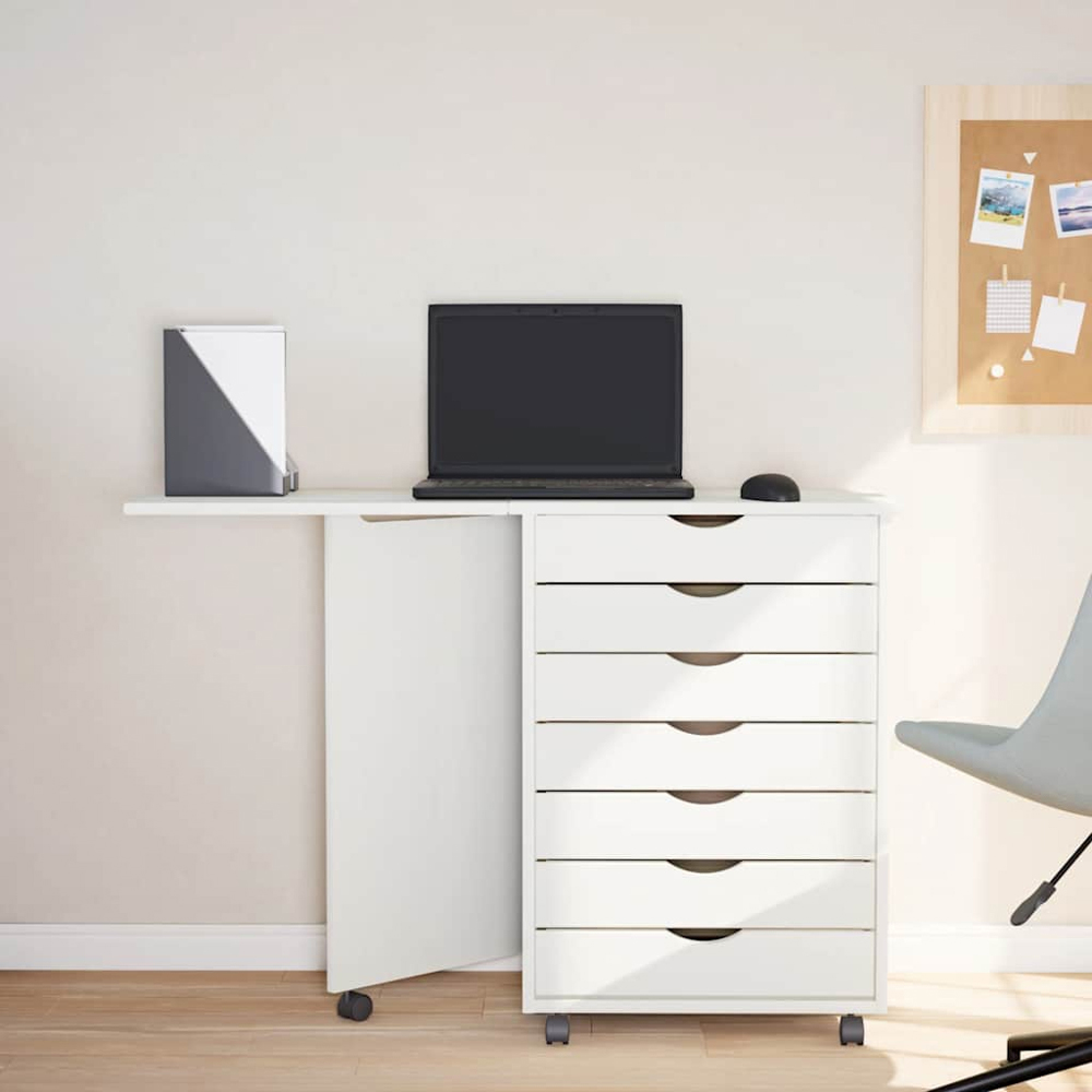 vidaXL Moss 7 Drawer White Solid Pine Mobile Chest of Drawers with Desk Image 7