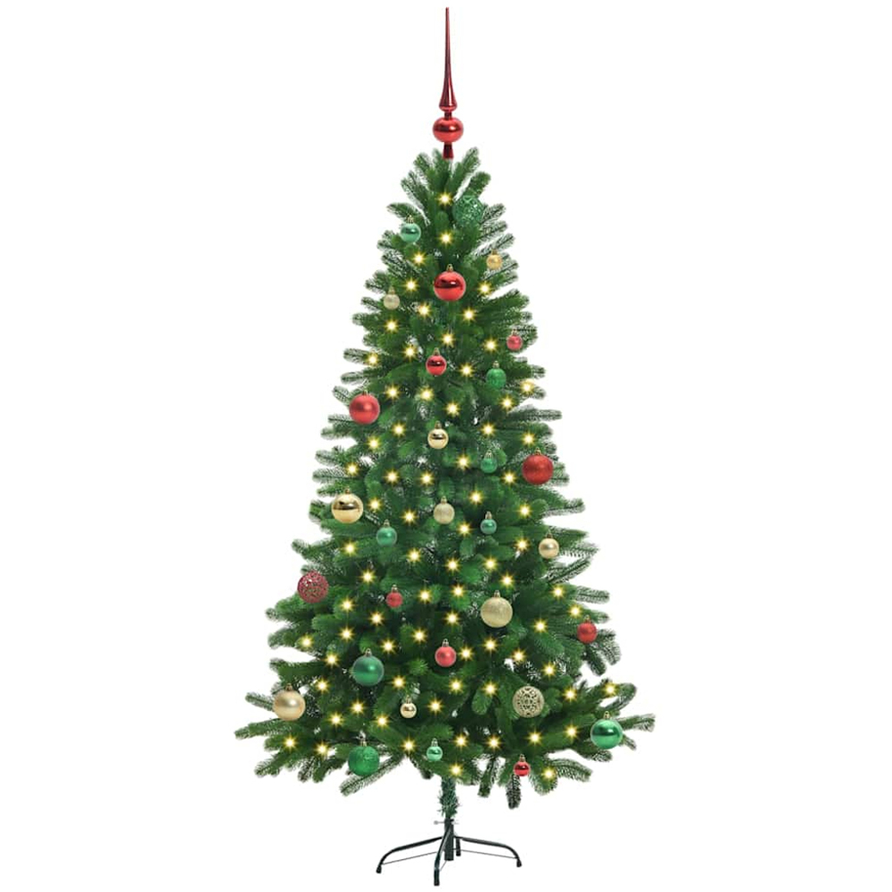 vidaXL Pre-Lit Multicolour Baubles Green Artificial Christmas Tree 5ft Image 1