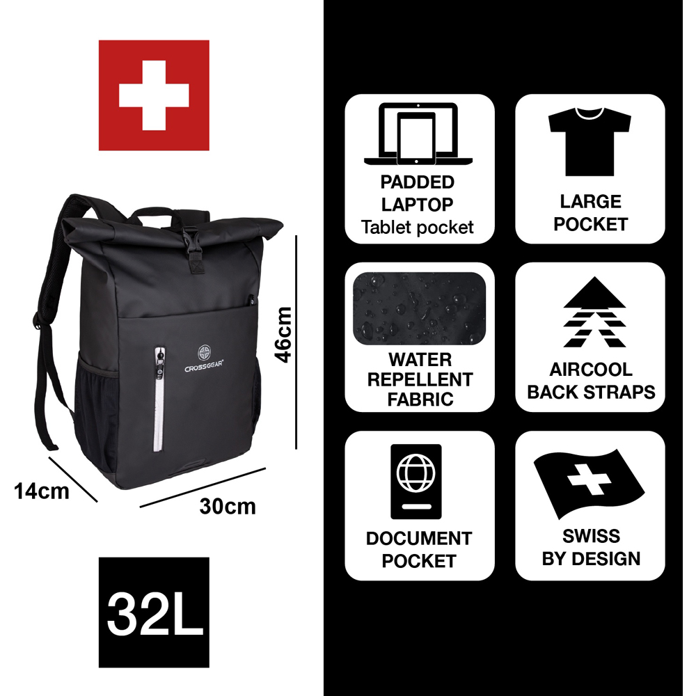 Crossgear Rebel Black Roll Top Backpack 46cm Image 9
