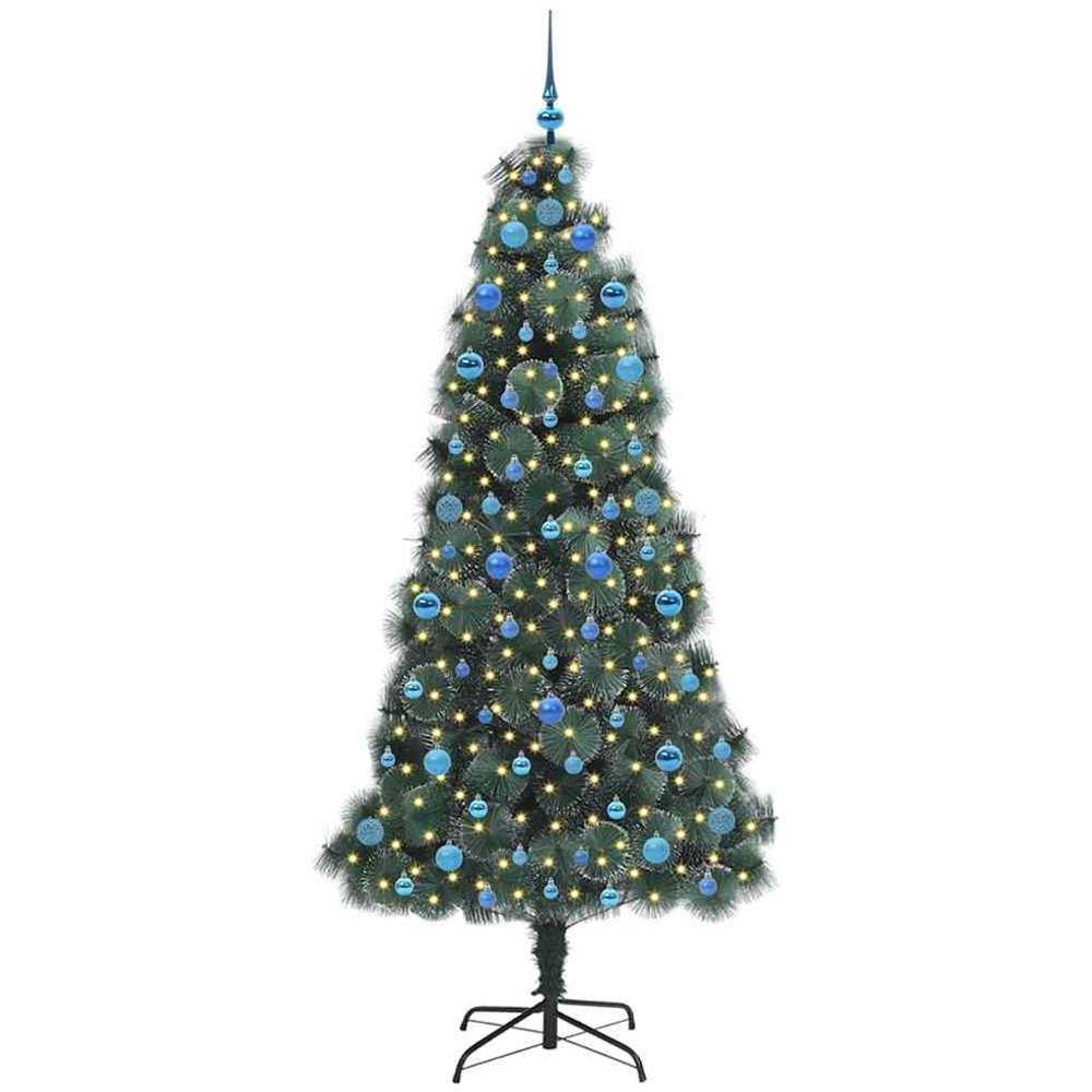 vidaXL Pre-Lit Blue Baubles Green Artificial Christmas Tree 7ft Image 1