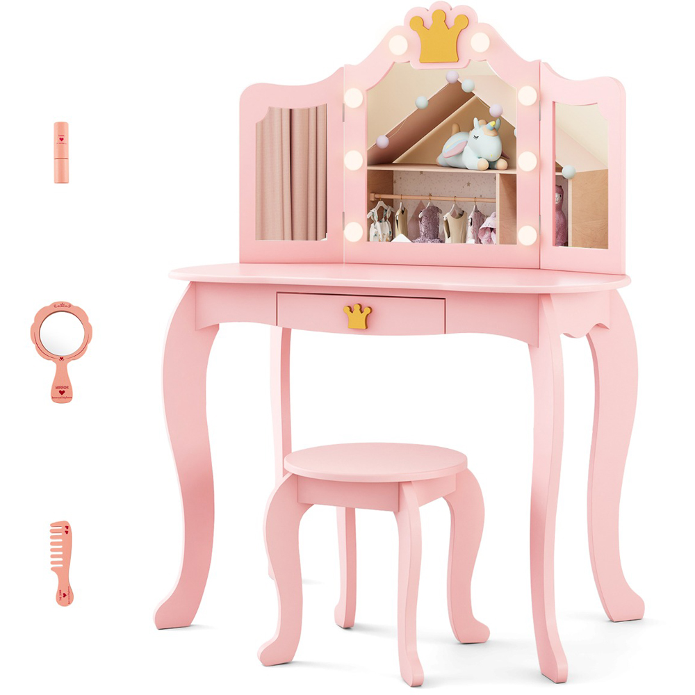 Costway Pink Kids Vanity Set with Lighted Mirror and Stool Image 3
