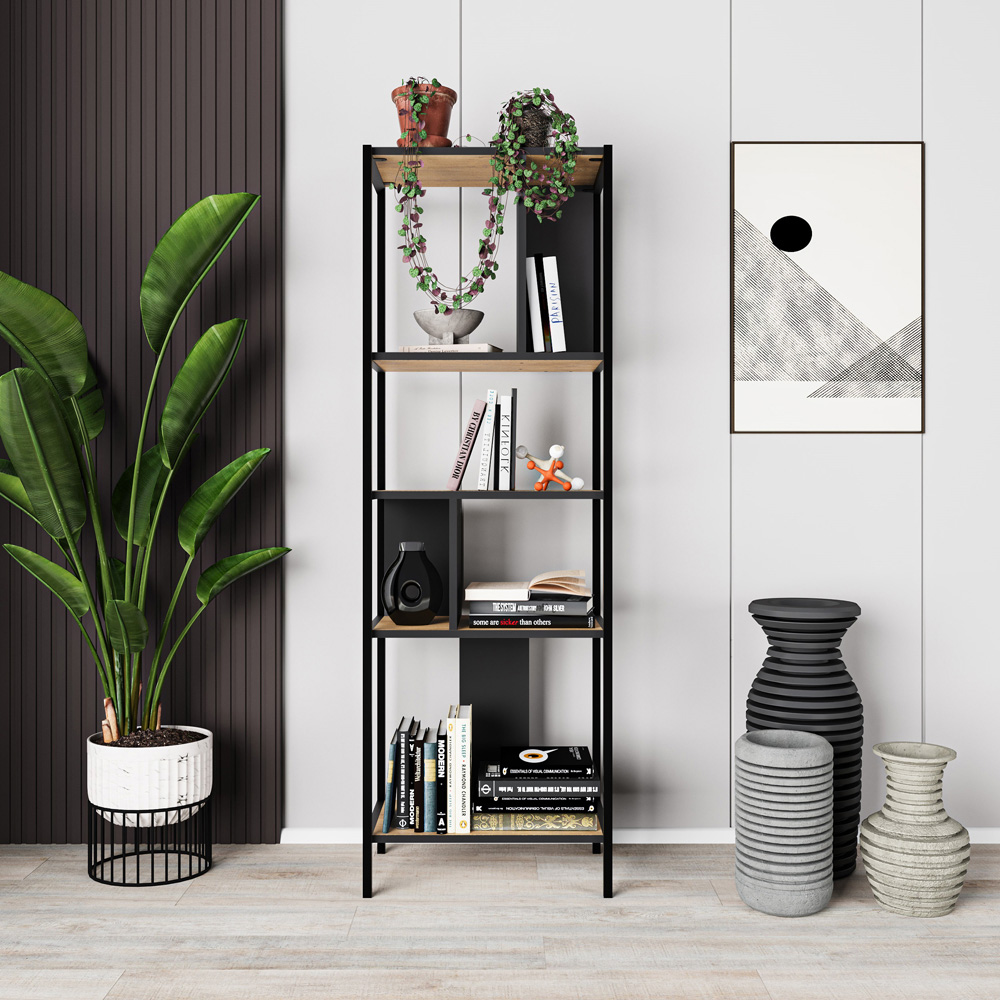 Decortie 5 Shelf Oak Silky Black Modern Mini Narrow Bookcase Image 4