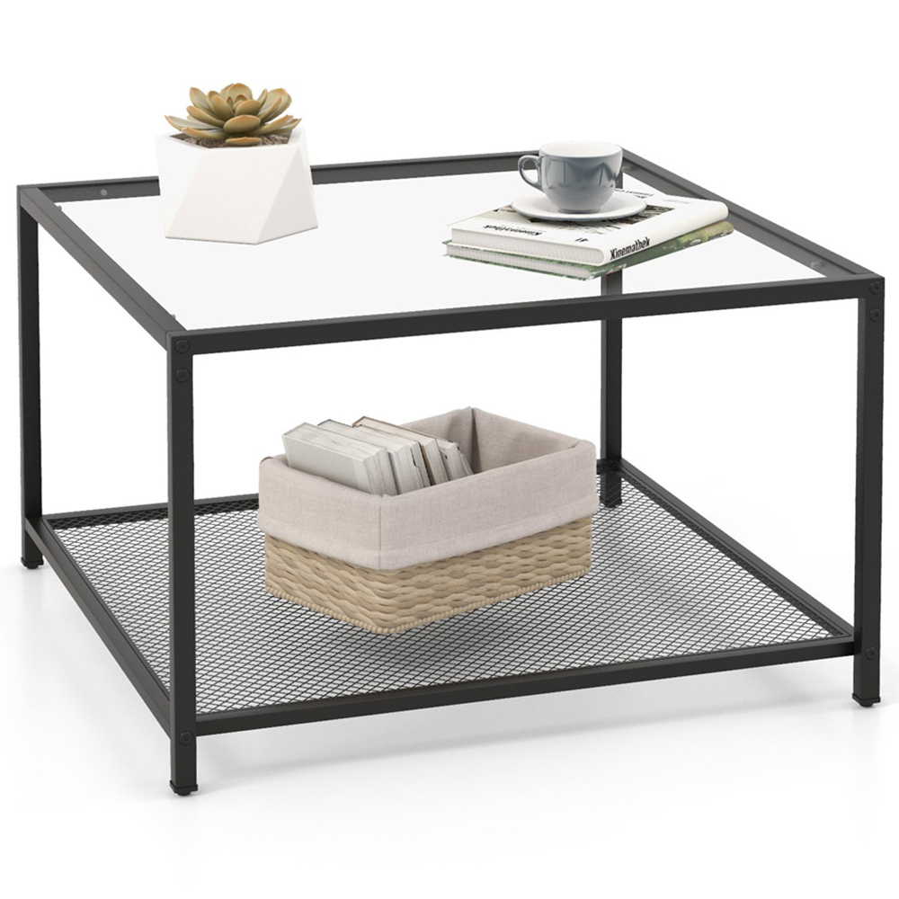 Costway 2 Tier Black Square Glass Coffee Table Image 2