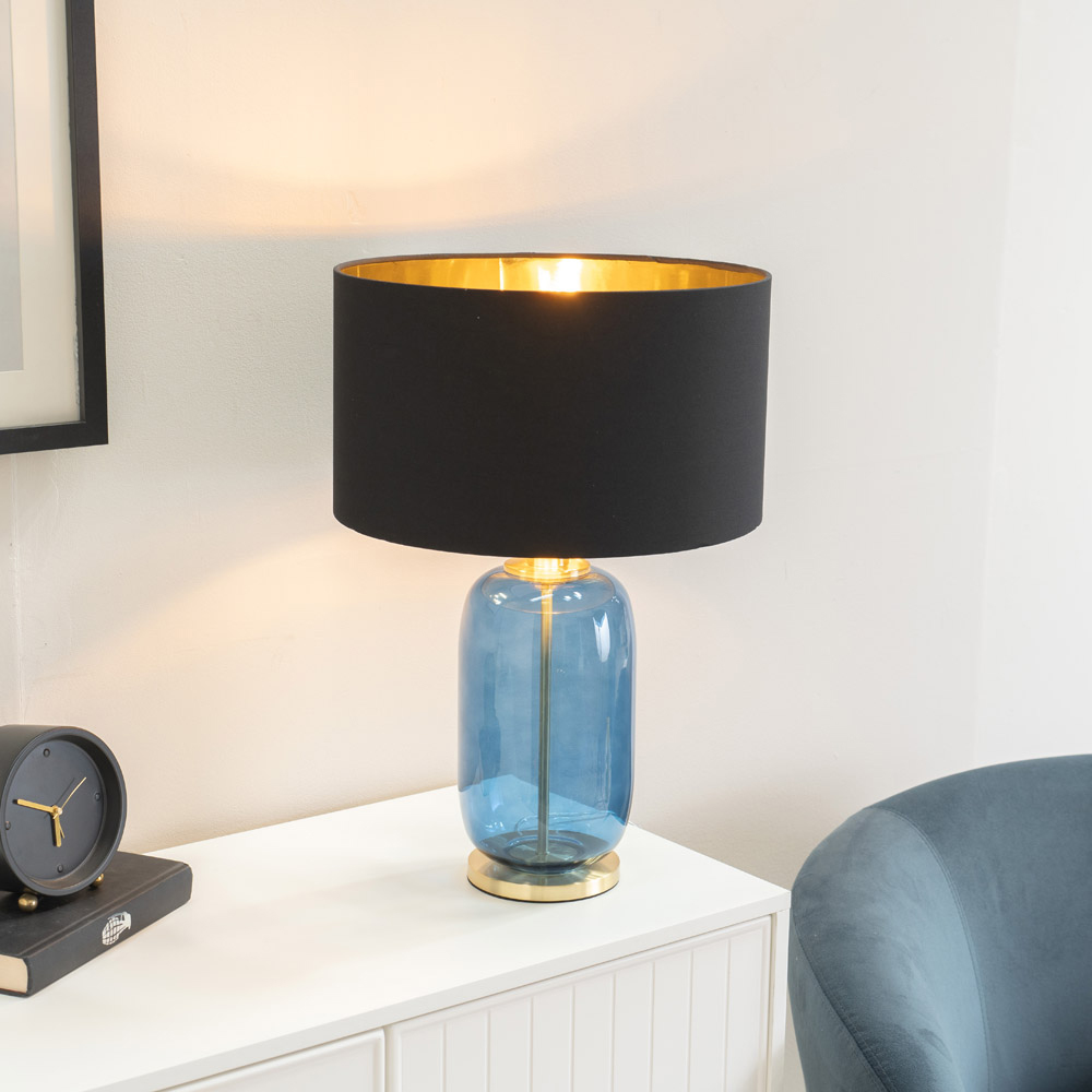 ValueLights Leigh Reni Black Drum Shade Navy Blue Glass LED Table Lamp Image 2