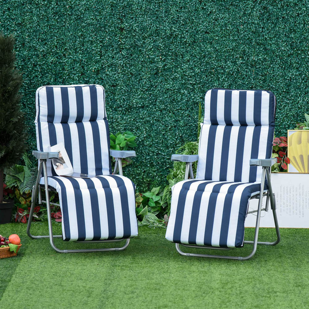 Outsunny Set of 2 Blue and White Recliner Sun Loungers Image 1